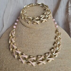 Vintage 1960s Coro Pink Enamel Gold Tone Modernist Necklace and Bracelet Set